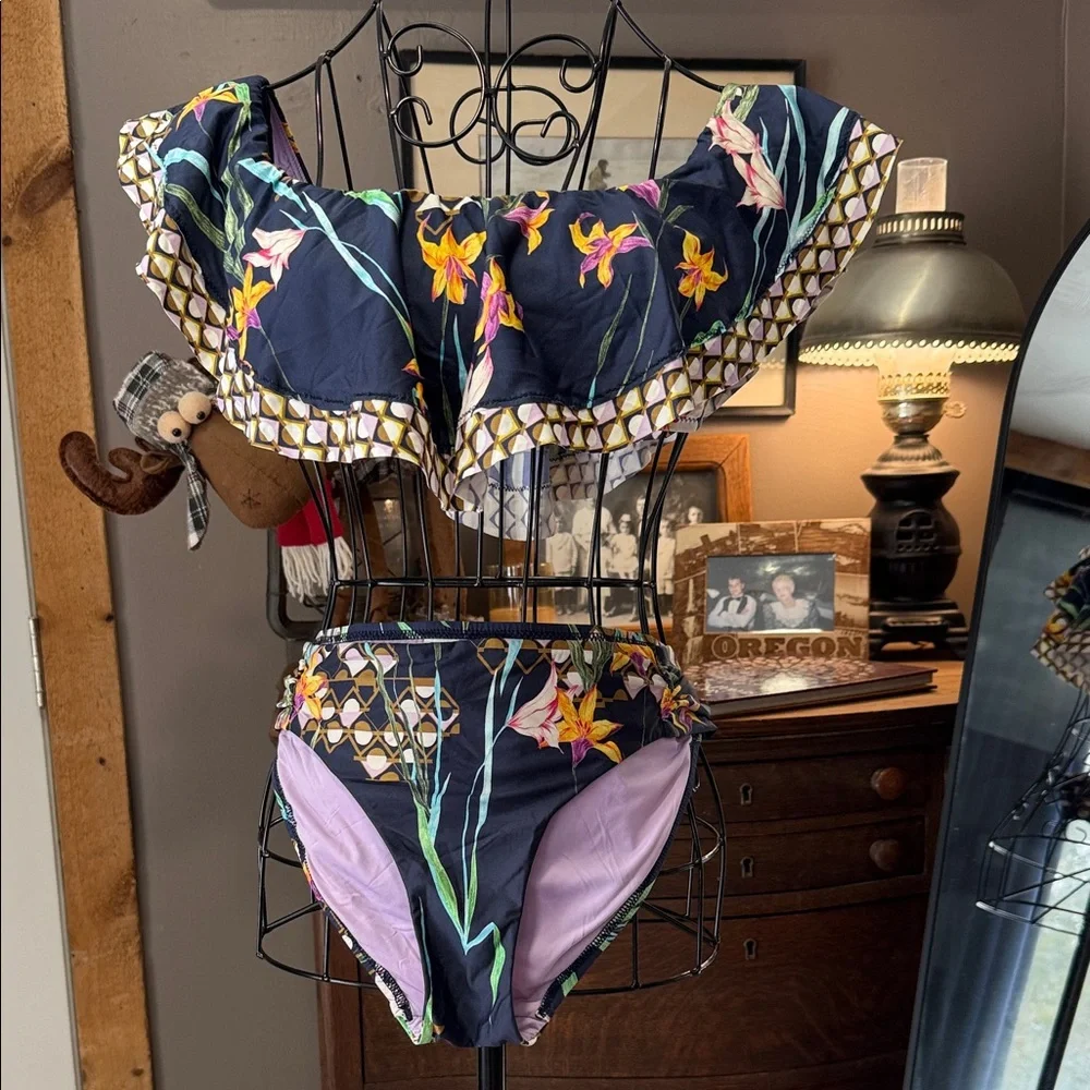 Trina Turk Navy Floral Off-Shoulder Bikini with Lilac Lining - Picture 1 of 8